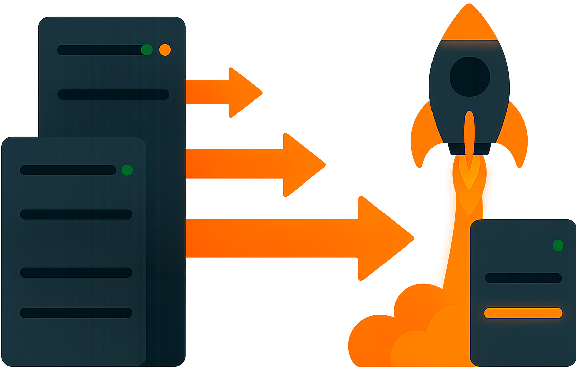 Migration illustration: servers and a rocket launching